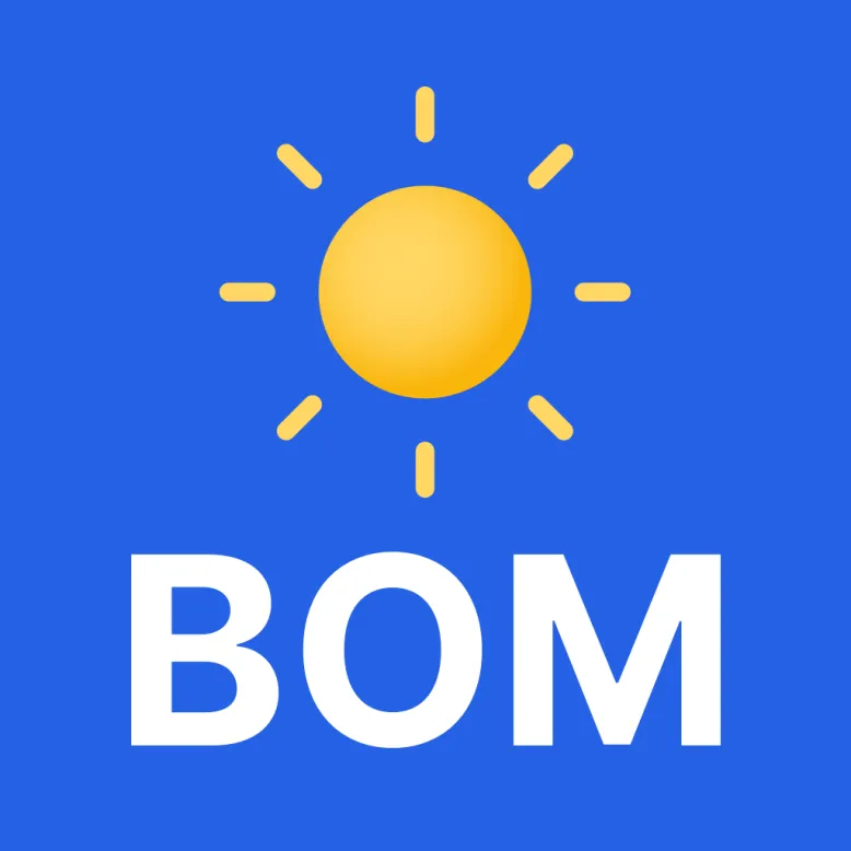 BOM Weather app icon showing a blue background, white 'BOM' text on bottom half and yellow sun on top half.
