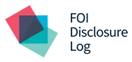 Icon with three overlapping squares in different colours that fan out next to text that says FOI Disclosure Log.