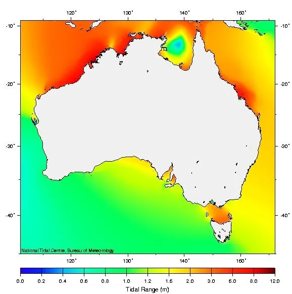 Map of Australia with colours showing tidal range around Australia. Colour scale ranges from blue (0 m) to red (12 m).