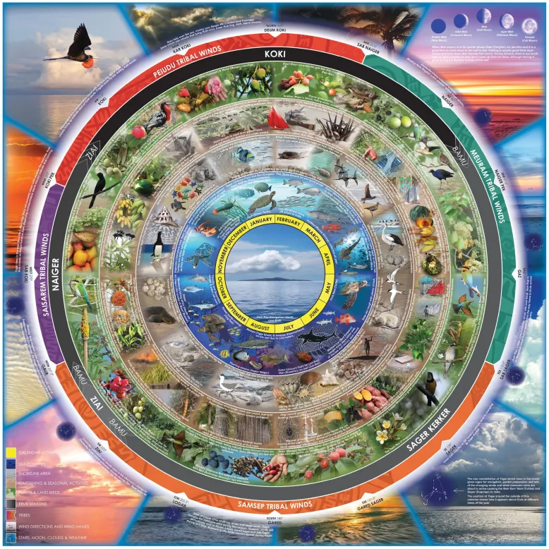 Complex and detailed graphic of the Erub Island seasonal calendar. Shows 9 levels of detail about weather, constellation, animal and plant features of the four main seasons.