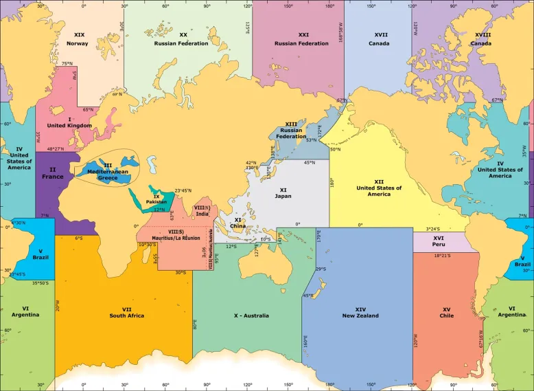 World map with the oceans divided into 21 areas. These are meteorological areas, also called metareas. Each is a different colour on the map, has a Roman numeral and the name of the nation responsible for maritime safety information. Australia has responsibility for metarea 10, shown as X in Roman numerals, in the centre of the map. The Australian area is green and extends from the equator to the Antarctic sea ice. Neighbouring metareas are assigned to South Africa, Mauritius, China, Japan and New Zealand.