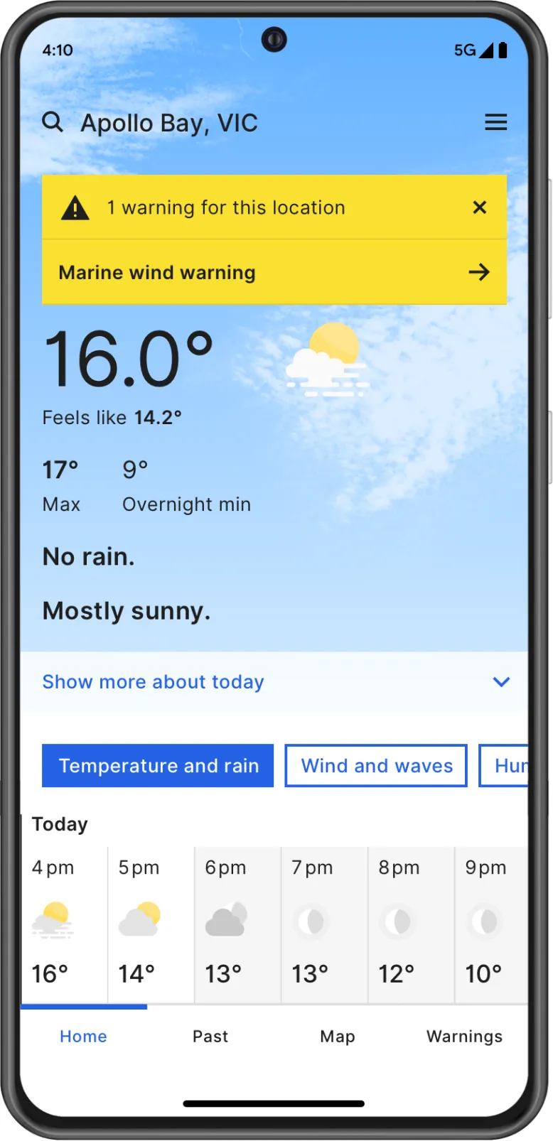 Daily forecast for Apollo Bay in BOM Weather app on iPhone screen, with a weather warning, temperature minimum and maximum and feels like, possible rainfall, precis text, hourly forecasts and menu including map at bottom of the screen.