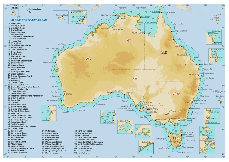 Map showing 82 local and coastal areas around Australia. These are used for issuing marine forecasts. The areas start with 1 at Torres Strait and go clockwise around the continent to finish at 78 in eastern Gulf of Carpentaria. The map also shows offshore island territories of Cocos Islands at 79, Christmas Island 80, Lord Howe Island 81, and Norfolk Island 82. Capital city local waters areas are Brisbane at 12, Sydney 18, Melbourne 27, Hobart 34, 35, 36 and 37, Adelaide 48, Perth 59 and 60, and Darwin 71.