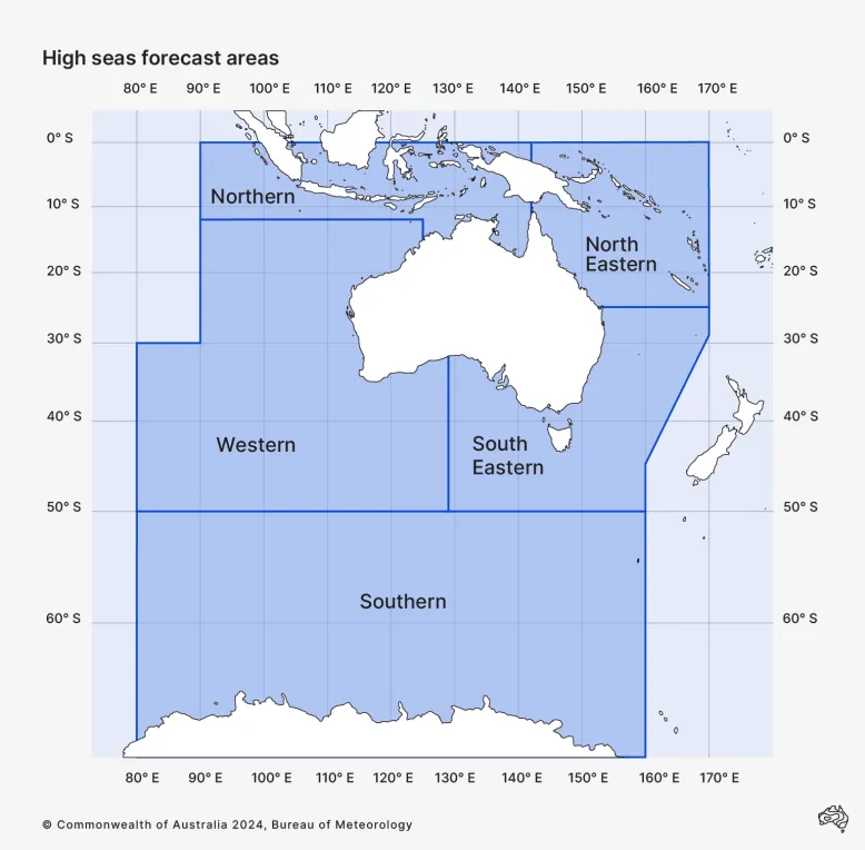 Map showing the Australian high seas forecast areas stretching north from Antarctica's sea ice to the equator. The western boundary is at 80°E in the south and cuts in to 90°E north of 30°S. The eastern boundary is 170°E in the north and contracts south-west to 160°E below 45°S to exclude New Zealand. There are 5 areas within these boundaries – western, northern, north-eastern, south-eastern and southern.