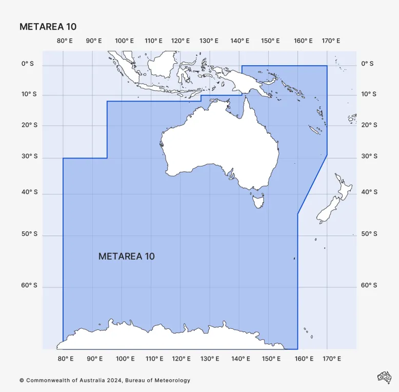 Map showing metarea 10 extends north from Antarctica to the Torres Strait and east into the Pacific. It encompasses the South Pacific Ocean around Papua New Guinea, the Solomon Islands and Vanuatu. The western boundary is at 80°E. The northern boundary ranges from 30° S in the west to the equator in the east. The eastern boundary is 170°E from the equator. It cuts in to 160°E to exclude New Zealand as it stretches south to Antarctica.