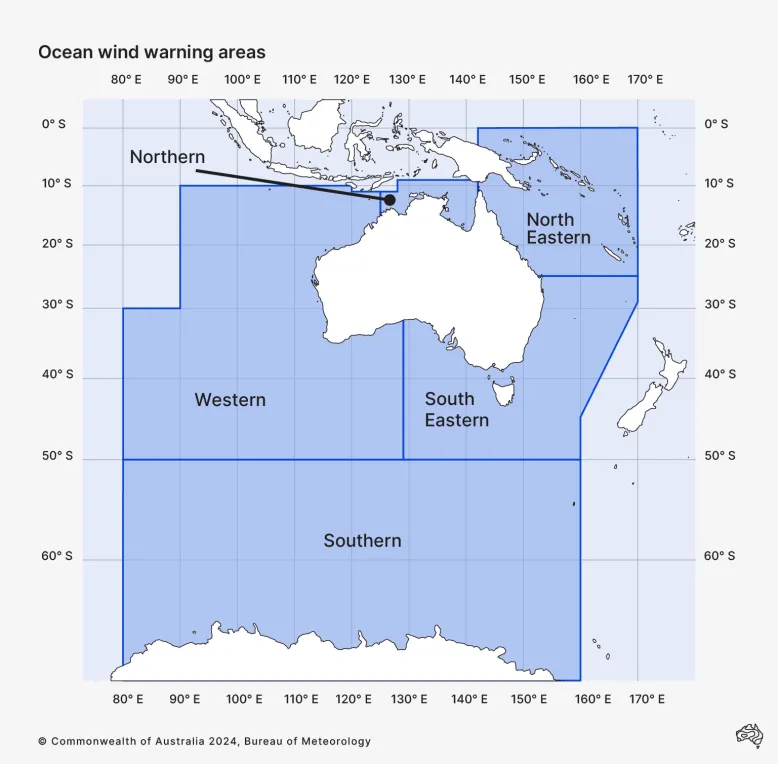 Map showing the Australian ocean wind warning areas, stretching north from Antarctica to the equator. To avoid overlapping the neighbouring METAREAs and Indonesia's tropical cyclone area of responsibility, the northern boundary shifts from the equator to between 9 and 11°S, west of 141°E. The eastern boundary is 170°E in the north. To exclude New Zealand, it contracts south-west at 29°S to 160°E. The western boundary is at 80°E in the south, cutting in to 90°E north of 30°S.