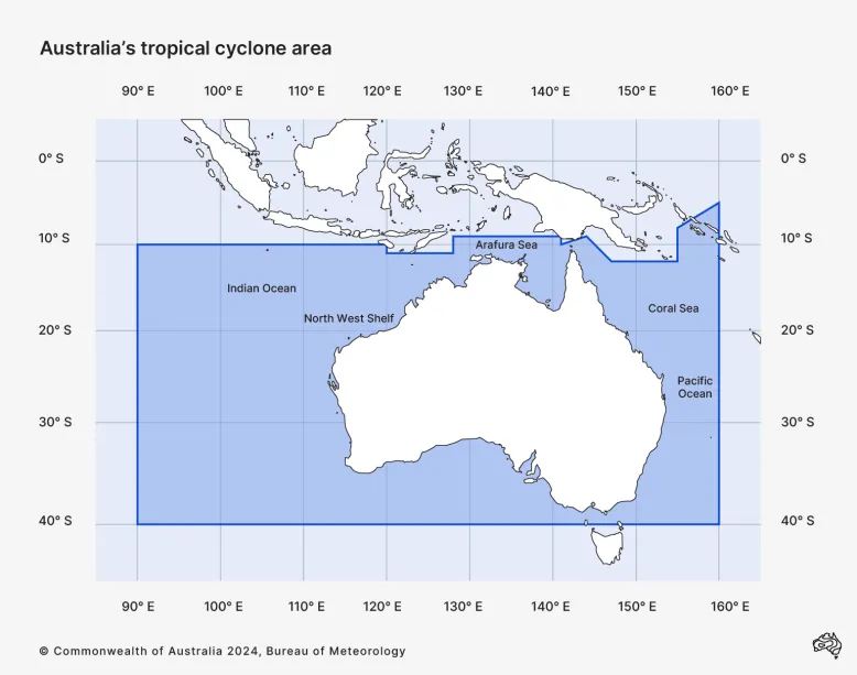 Map showing mainland Australia and parts of south-east Asia. A rectangular shape shows Australia's area of responsibility for watching and warning about tropical cyclone activity. The grid is bordered west at 90 degrees longitude, east at 160 degrees longitude and south at 40 degrees latitude. The northern border varies but is around 10 degrees latitude. The area includes the coastal waters and land areas of mainland Australia, and Christmas Island, Cocos Island, Lord Howe Island and Norfolk Island.
