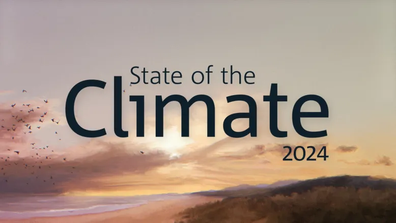Painting in muted tones of sunrise in a coastal landscape, featuring a murmuration of birds. Overlaid text reads: State of the Climate 2024.