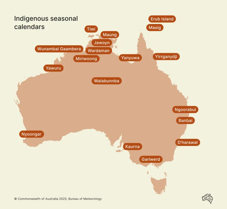 Map of Australia showing the locations of the communities whose seasonal calendars are hosted on this website.