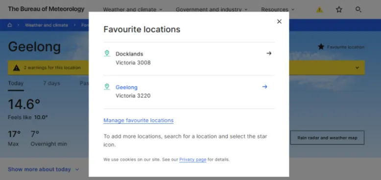 Screenshot showing favourite locations saved on the website.