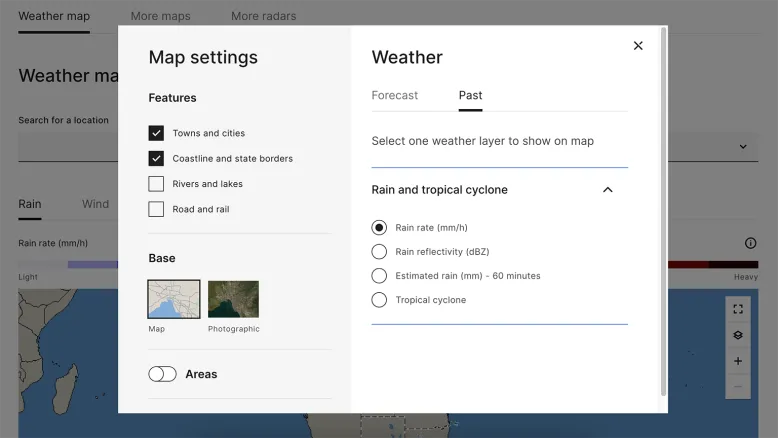 Screenshot of map settings modal with rain rate in millimetres per hour selected to show on weather map.