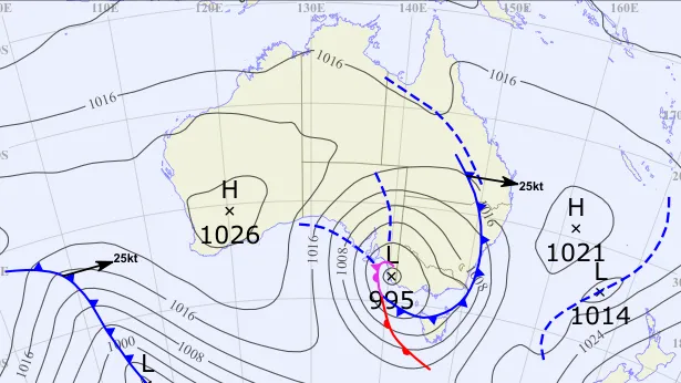 Weather map of Australia showing surrounding weather systems and isobars.