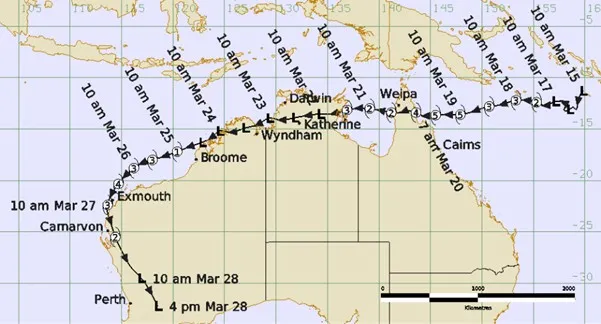 Track map of Severe Tropical Cyclone Narelle's path.