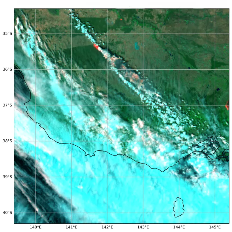 Satellite image of the Grampians during a bushfire event. Light blue colour is smoke and red is fire.