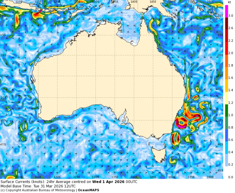 Map of surface currents around Australia. Swirling eddies of the East Australian Current are clearly visible along the south-east coast.