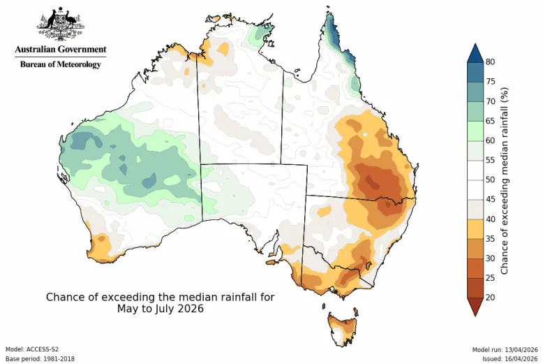 Map of Australia showing the chance of median rainfall being exceeded across some parts of WA and Cape York, Qld.