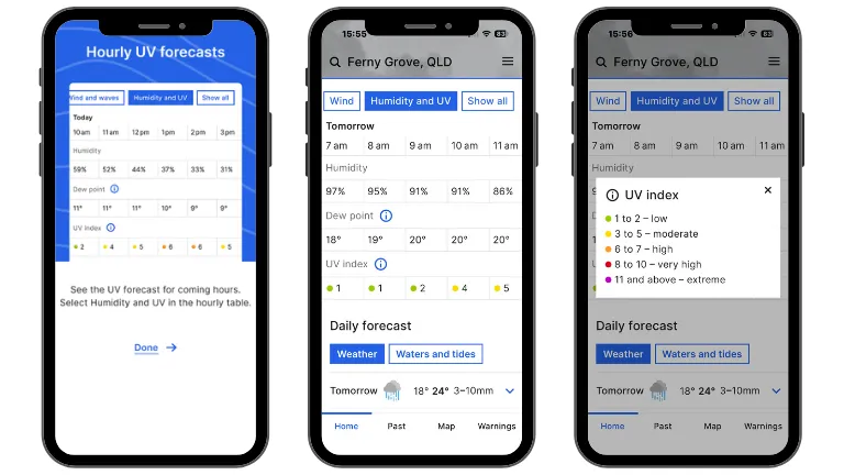 3 mobile phone screens showing the BOM Weather app's UV Index onboarding screen, hourly forecast table and UV Index legend.