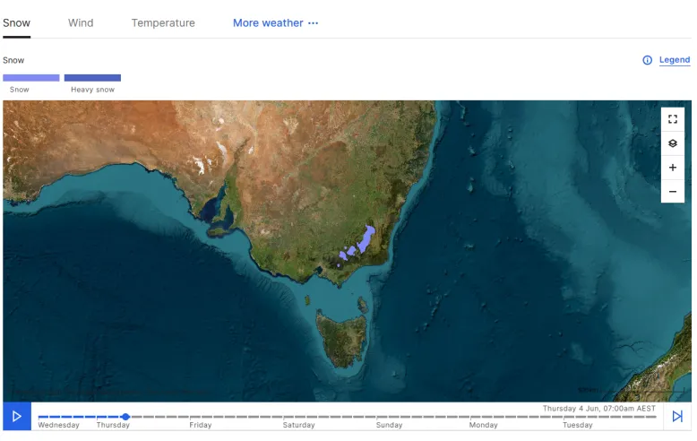 Screenshot of map from website showing snow layer. There is a smattering of purple, denoting snow, in Victoria's east.