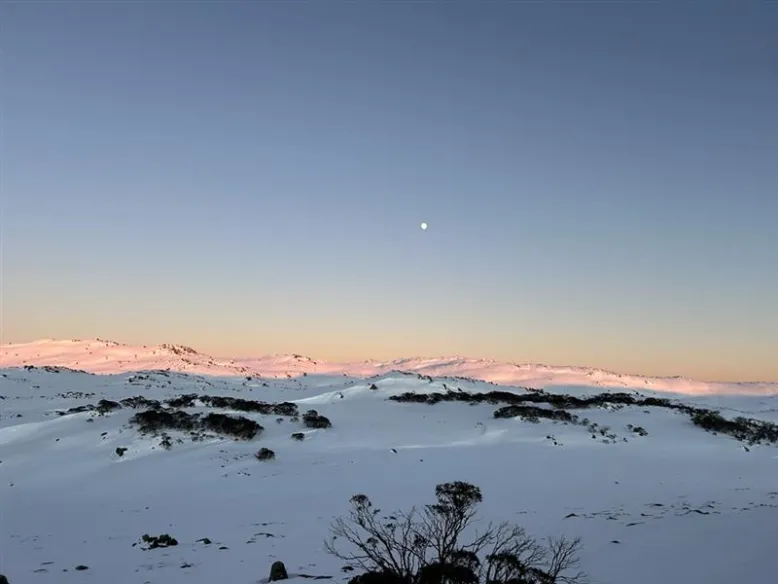 Snowy hills with sparse shrubs under a clear sky, with a small moon above pink-lit distant mountains at Kosciuszko National Park.