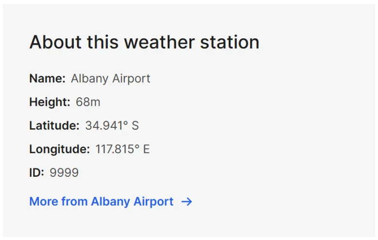 Screenshot of the 'About this weather station' information box on the Albany, WA location page's Past tab. It shows the name of the weather station, its elevation, latitude, longitude, BOM station ID number and a hyperlink to navigate to more information from the weather station.