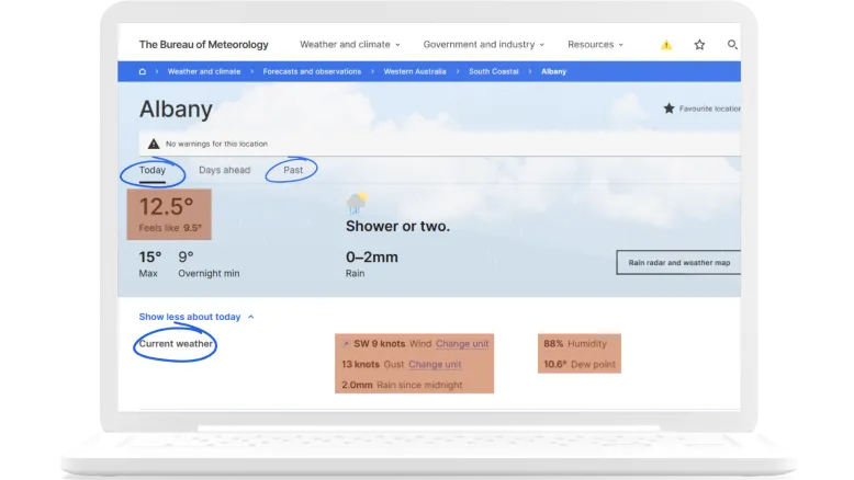 Screenshot of the Albany location page, with orange boxes and blue circles highlighting the weather information that uses observations data.