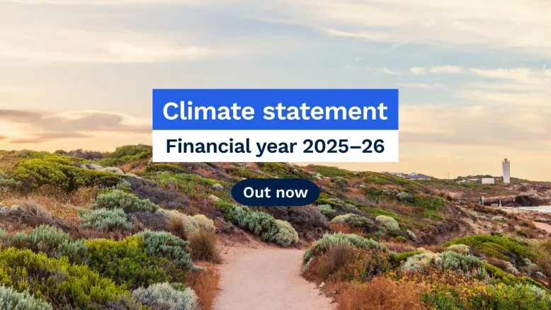 Coastal landscape with sandy walking tracks winding through low shrubs and dunes. Overlaid text reads: Climate statement, Financial year 2025-26. Out now.