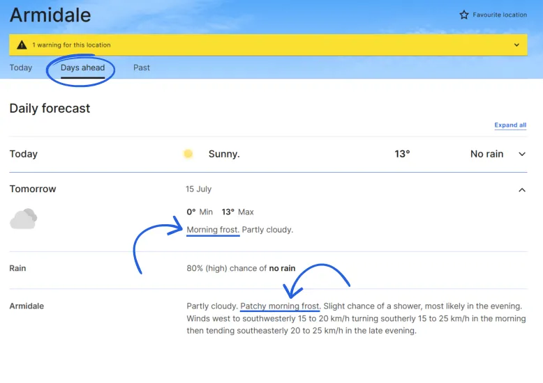 Forecast webpage for Armidale showing where to find frost information.