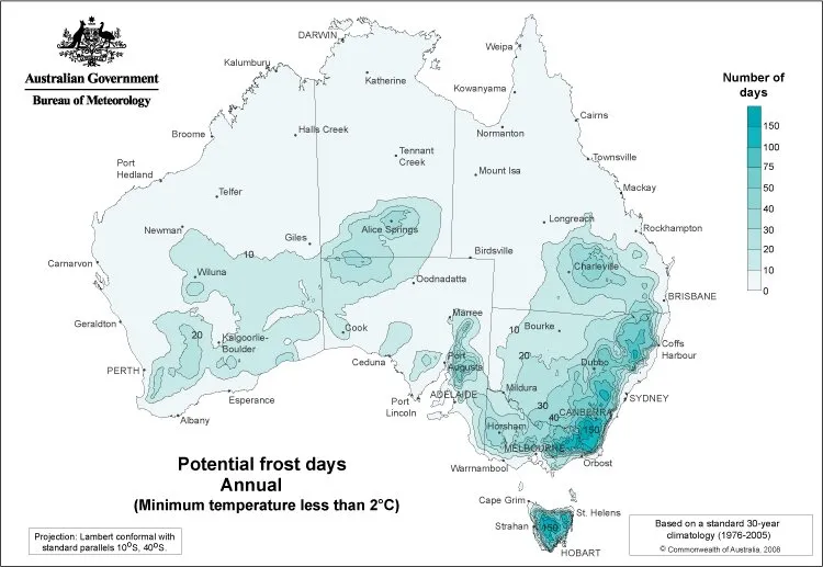 Map showing the number of potential frost days across Australia.