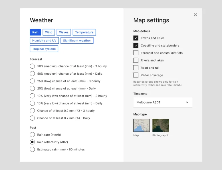 Screenshot of weather map settings showing weather layer options with 'Rain' selected, and forecast and past options. Past rainfall options are rain rate, rain reflectivity and estimated rain. Other map settings show map detail options, timezone selection and map type choices.