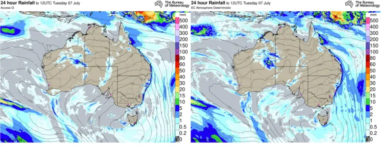 Two weather forecast maps of Australia side-by-side showing projected 24-hour rainfall amounts and atmospheric pressure patterns using different forecast models.