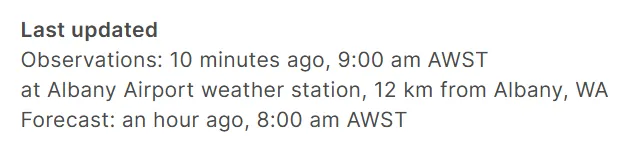 Screenshot of the 'Last updated' information section on the Albany, WA location page's Today tab. It lists how far away in kilometres the weather station is from the location, and what time the observations data was last updated.
