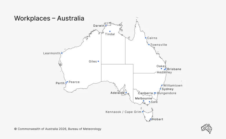 Map of Australia showing all staffed Bureau workplaces.