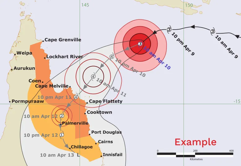 Tropical cyclone forecast track map showing a path from the Coral Sea to Palmerville. Points along the track show current and forecast intensity and timing. Cape Grenville to Port Douglas is shaded dark orange, indicating a warning area. Coen to Innisfall is light orange, indicating a watch zone. A grey area shows possible wider impacts.