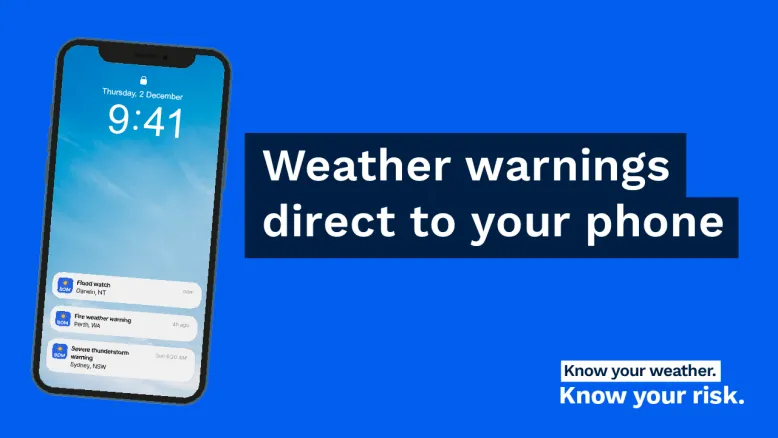 Smartphone showing weather warnings and alerts. Text beside the phone highlights that weather warnings can be delivered directly to your phone.