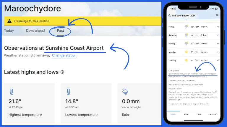 Screenshots of the Maroochydore location on both the BOM website and app, showing past real-time observations. 'Sunshine Coast Airport' is underlined in blue, showing that this is where the observations are from. 