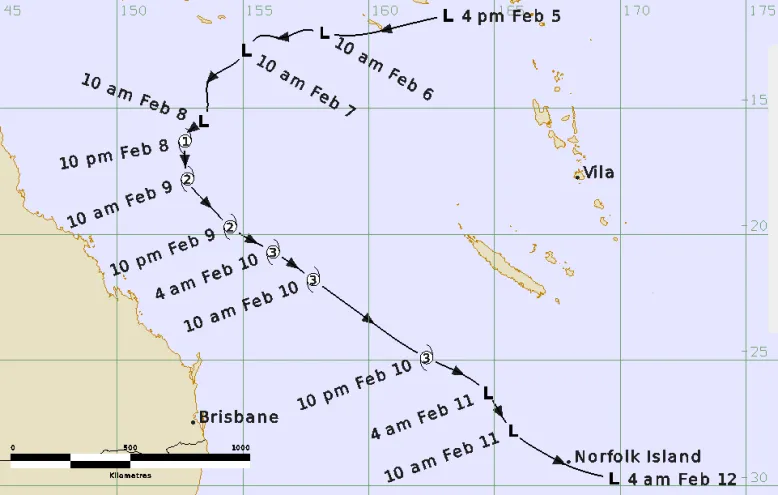 Forecast track map showing a tropical cyclone following a broad C-shaped path across the Coral Sea between 5 and 12 February 2023. The cyclone moves west and south-west toward the Queensland coast, then curves south-east and east away from Australia. it passes east of Brisbane and continues toward Norfolk Island.