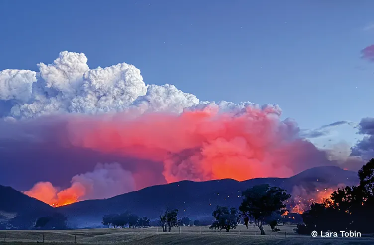 Towering smoke plume glows pink and orange above bushfires burning across darkened hills at dusk.