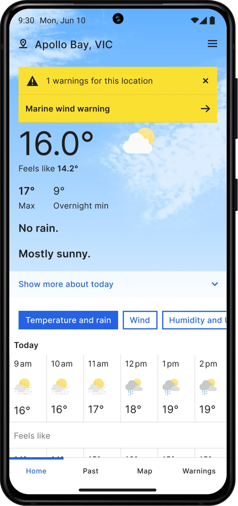 Daily forecast for Apollo Bay in BOM Weather app on iPhone screen. It shows a weather warning, temperature, feels like temperature, possible rainfall, precis text, hourly forecasts and menu including map at bottom of the screen.