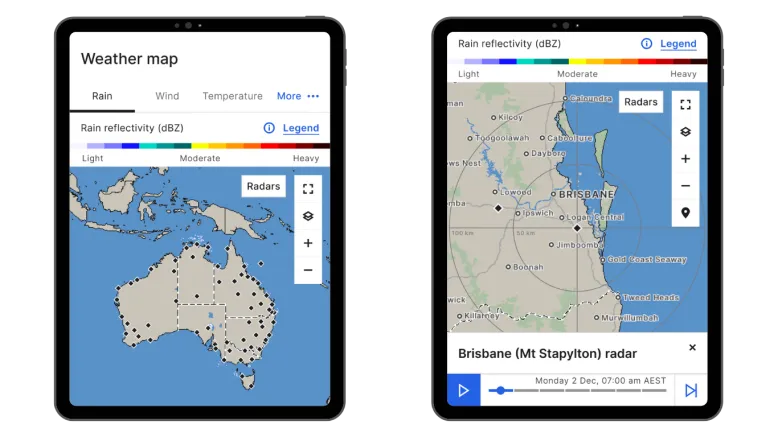 Two iPad screens showing the new radar tools. The left one shows the rain radar and weather map of Australia with radar site locations. The right one shows the Brisbane radar range rings.