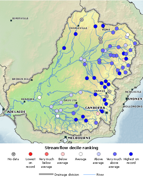 map visualising streamflow details for sites in Murray-Darling Basin