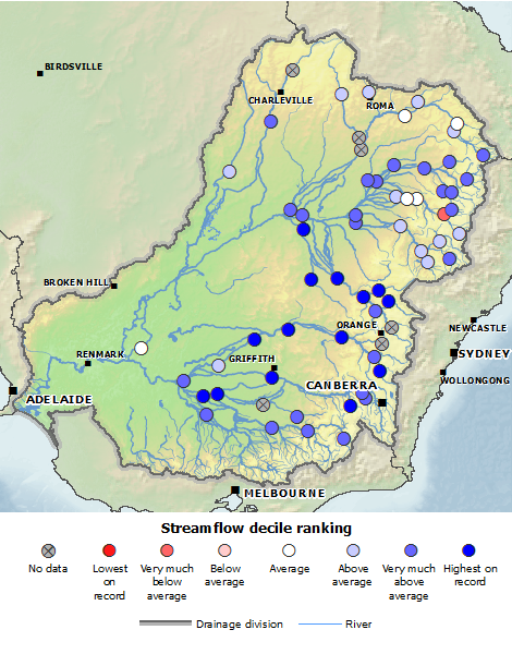 map visualising streamflow details for sites in Murray-Darling Basin
