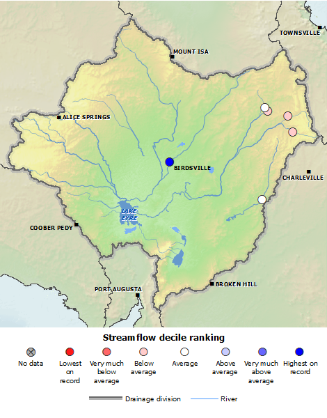 map visualising streamflow details for sites in Lake Eyre Basin