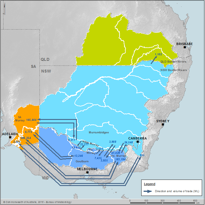Figure N20 Direction and volume (ML) of interstate trades in the Murray–Darling Basin during the 2014–15 year