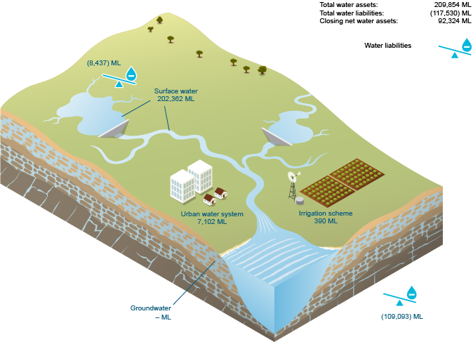 Figure W1  Schematic diagram of water assets and water liabilities for the region at 30 June 2015