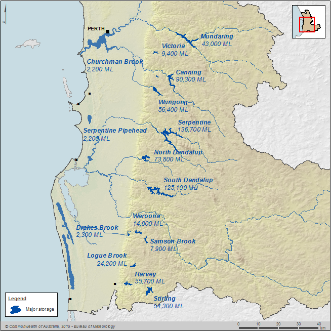 Figure C9  Map of surface water storages in the Perth region; capacity of each storage is also shown