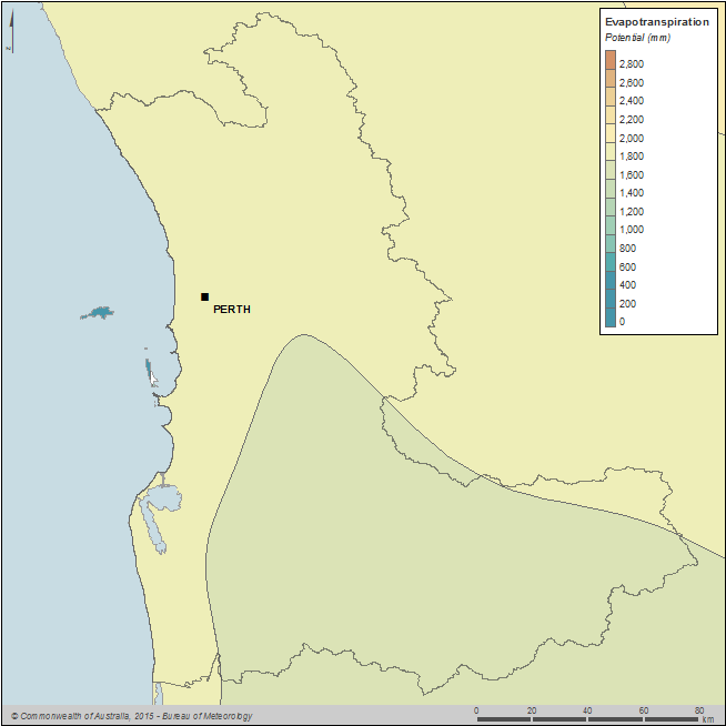 Figure C14  Map of total annual potential evapotranspiration for the Perth region during the 2014–15 year