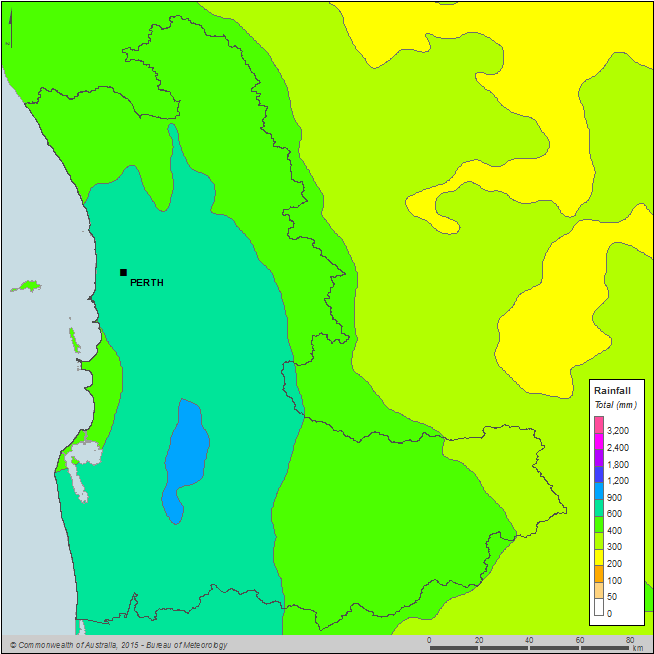 Figure C11  Map of total annual rainfall for the Perth region during the 2014–15 year