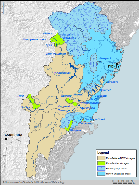 Figure N13 Runoff area to storages, gauged area and modelled area within the Sydney region