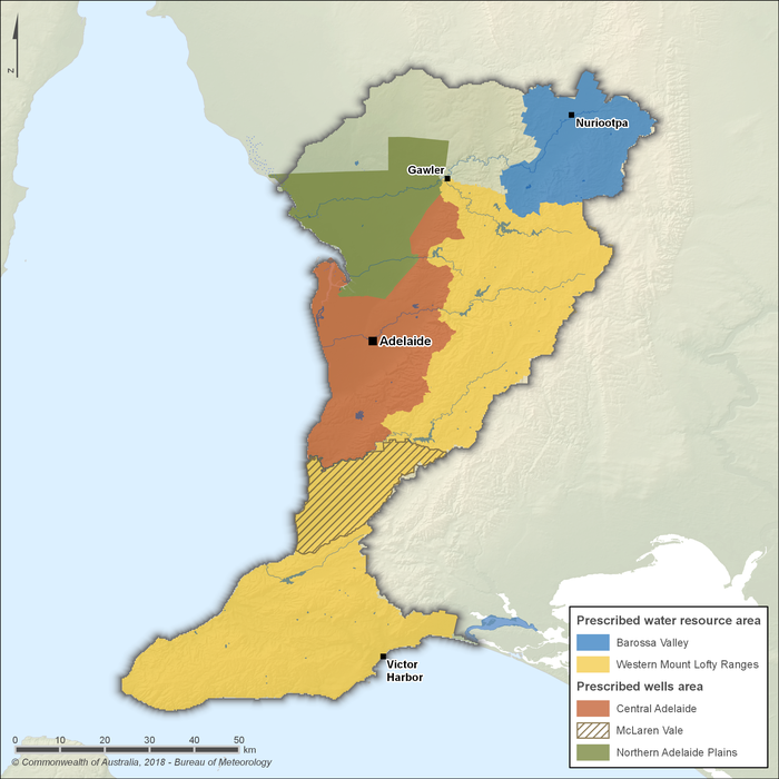 Map of groundwater management areas. The Western Mount Lofty Ranges Prescribed Water Resource Area encompasses most of the southern and eastern parts of the region. The Barossa Valley Prescribed Water Resource Area covers the upper reaches of the North Para River catchment in the northeast of the region. There are also 3 prescribed wells areas: North Adelaide Plains in the northwest, McLaren Vale in the southwest, and Central Adelaide, which encompasses most of the metropolitan area.