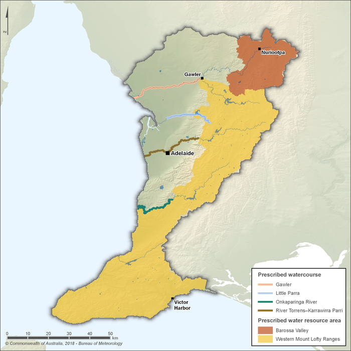 Map of surface water management areas. The Western Mount Lofty Ranges Prescribed Water Resource Area encompasses most of the southern and eastern parts of the region. The Barossa Valley Prescribed Water Resource Area covers the upper reaches of the North Para River catchment in the northeast of the region. There are also 4 prescribed watercourses along downstream sections of the major rivers: Gawler, Little Para, Onkaparinga River, and River Torrens–Karrawirra Parri.